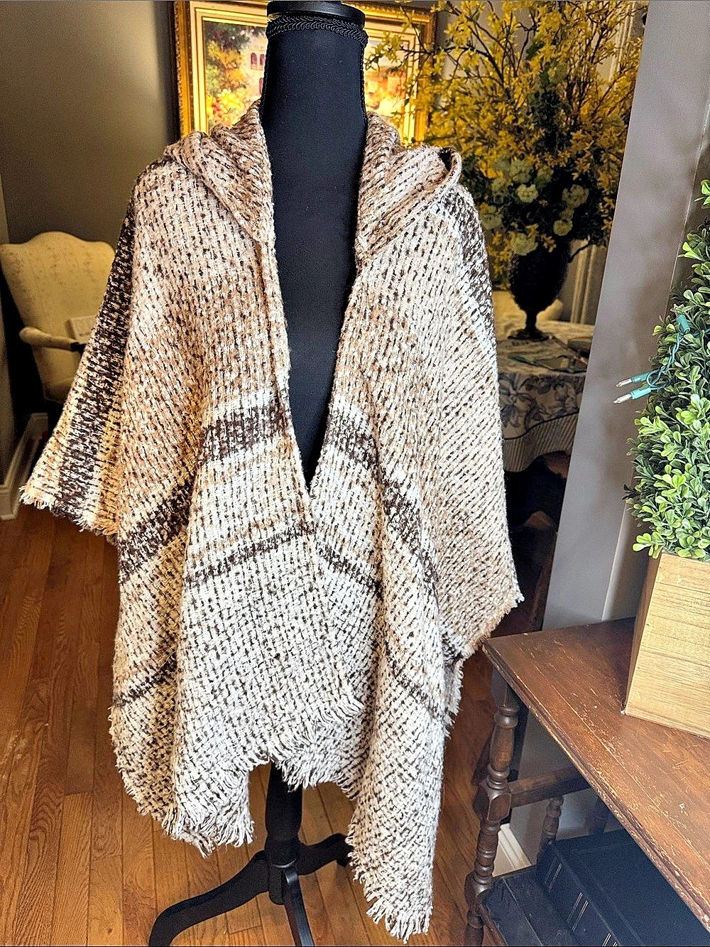Vince Camuto Hooded Woven Cape in Brown & Cream